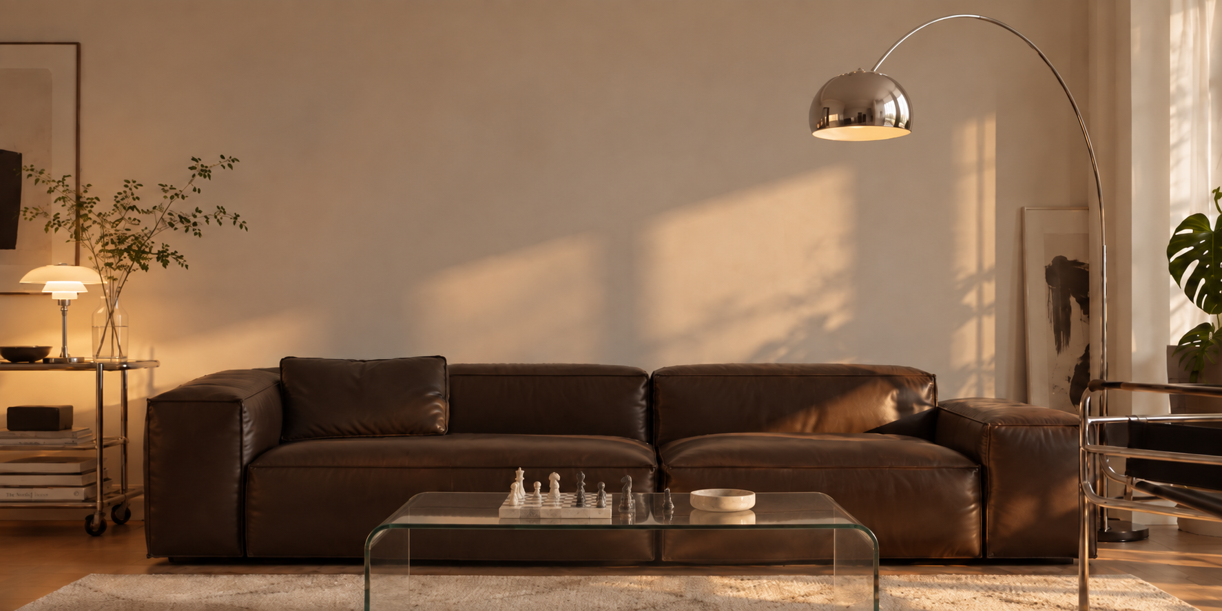Warm minimal interior with travertine surfaces, sculptural sofa and soft natural light