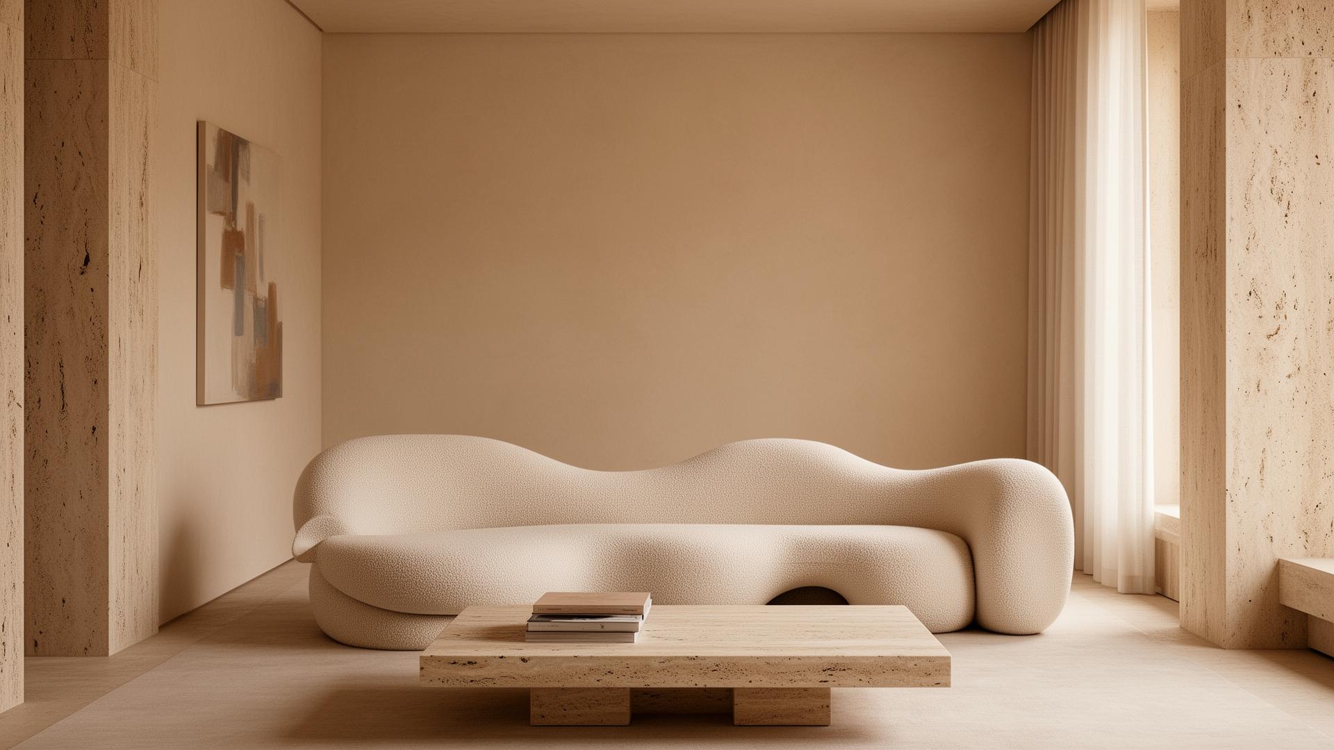 Warm minimal interior with travertine surfaces, sculptural sofa and soft natural light